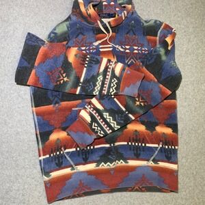 Polo Ralph Lauren Mens S Aztec Fleece Hoodie Southwestern Pattern Blue Orange